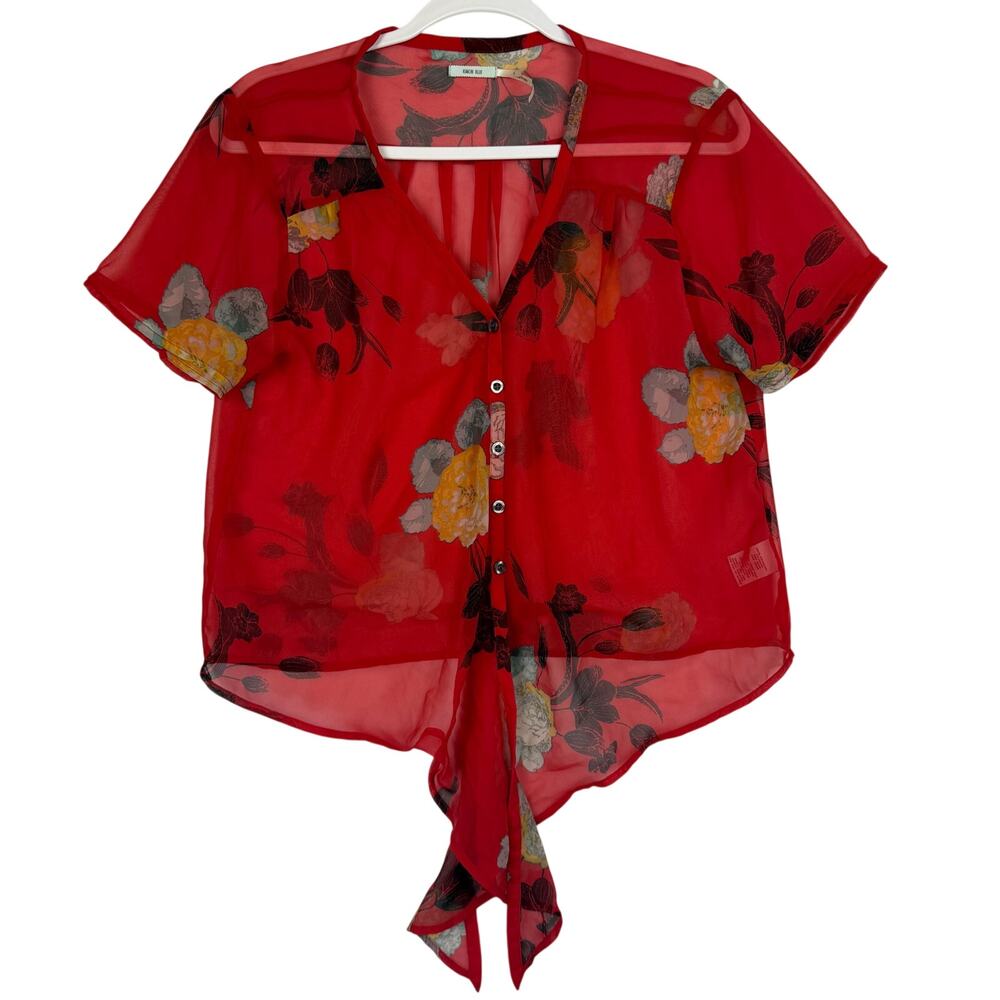 Kimchi Blue Floral Tie Front Blouse Top Women Size S Red Sheer Button Up Chiffon